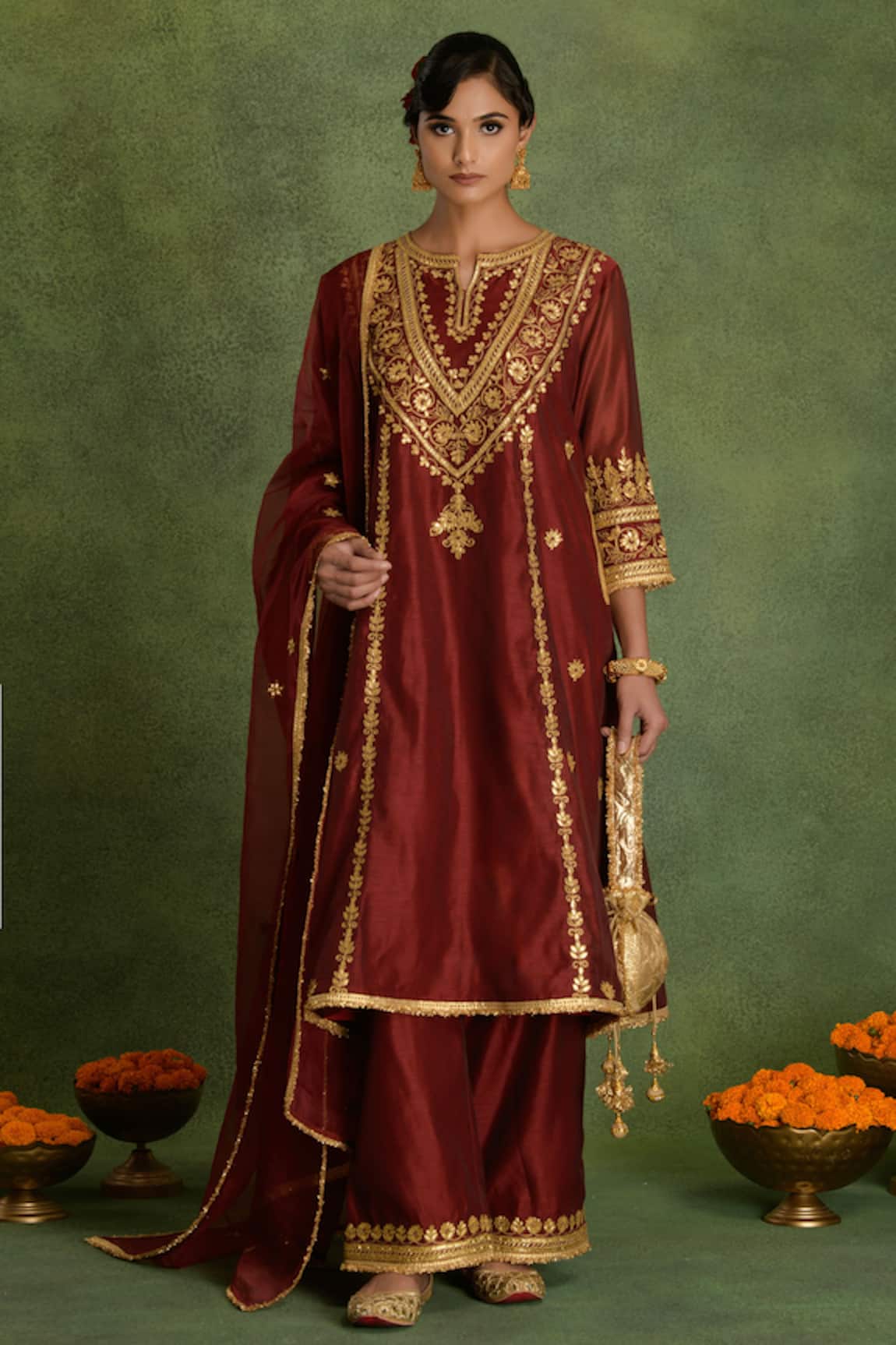 Saina Kapoor Maroon Chanderi Embroidered Kurta Set 