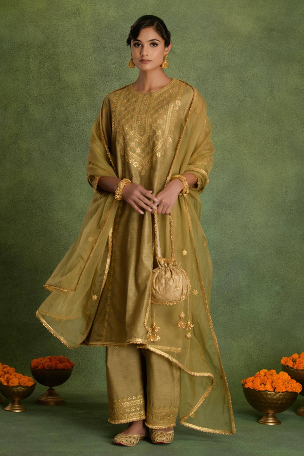 Saina Kapoor Beige Chanderi Embroidered Kurta Set 