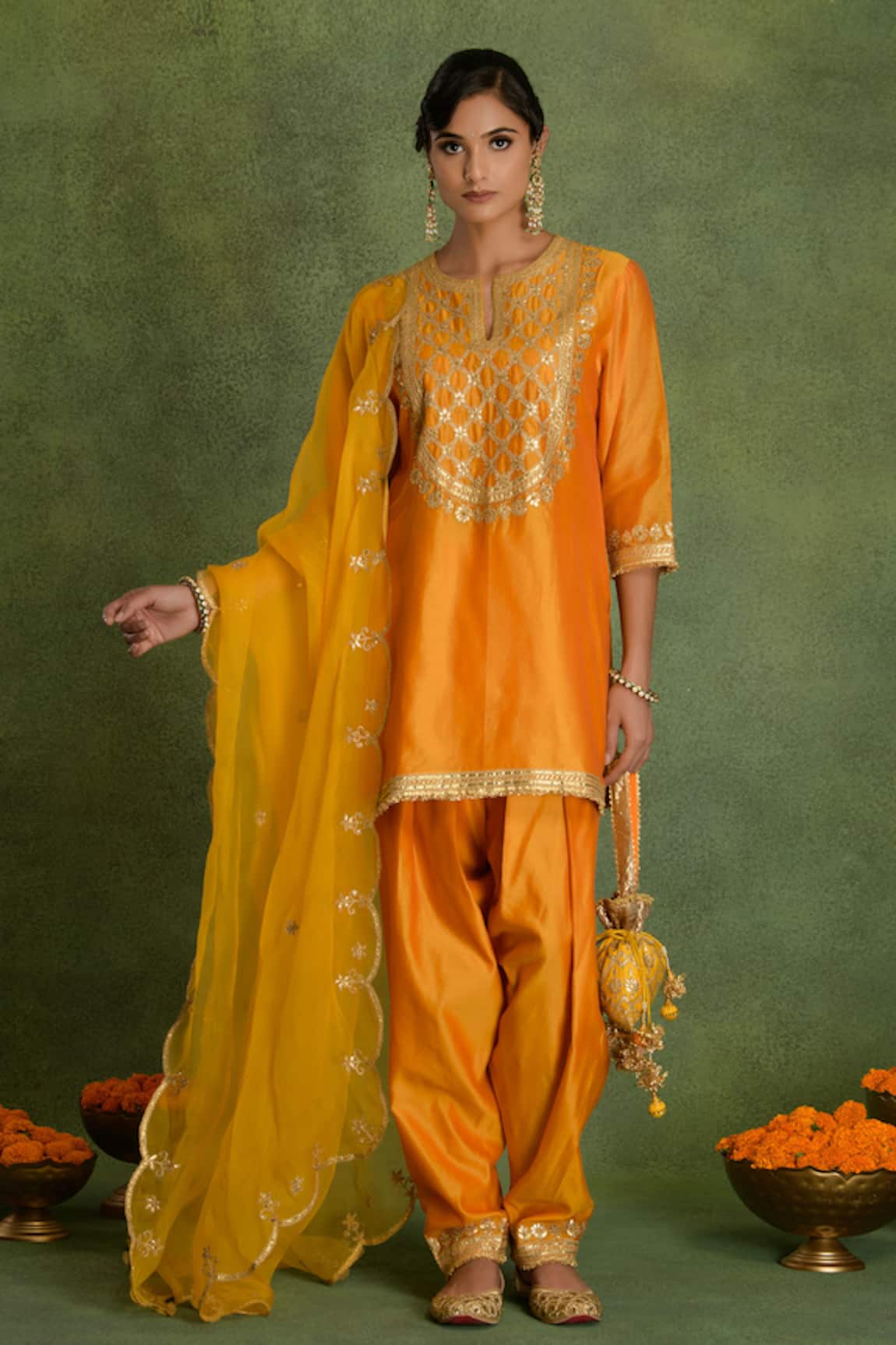 Saina Kapoor Chanderi Yellow & Orange Choga Kurta Set 