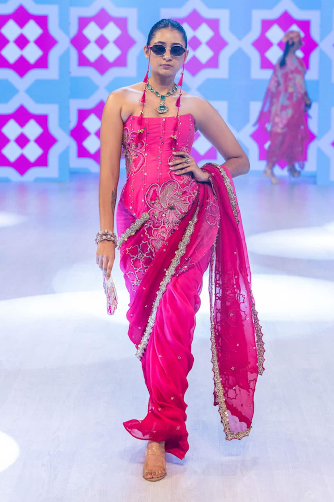 Rishi And Vibhuti Fuschia Corset Saree & Blouse Set 