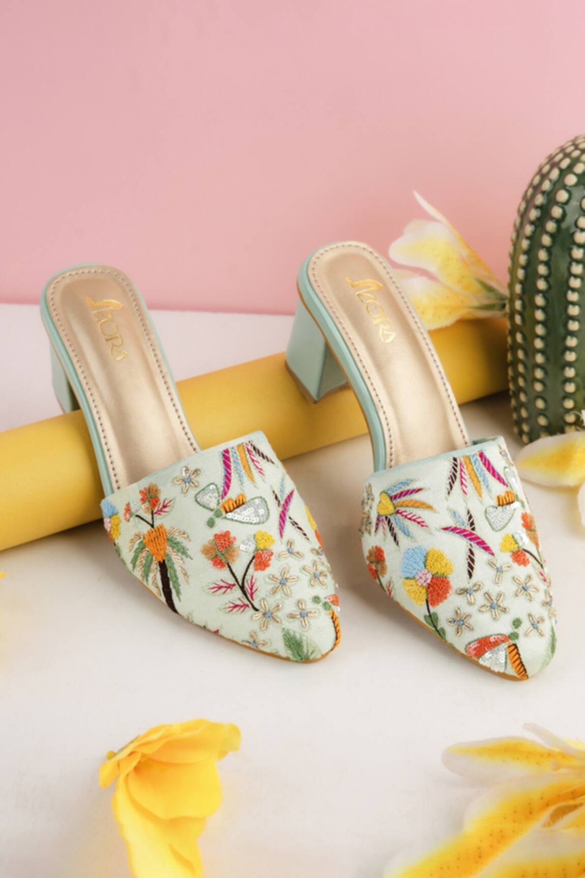 Azora Mint Blooms Embroidered Heels 