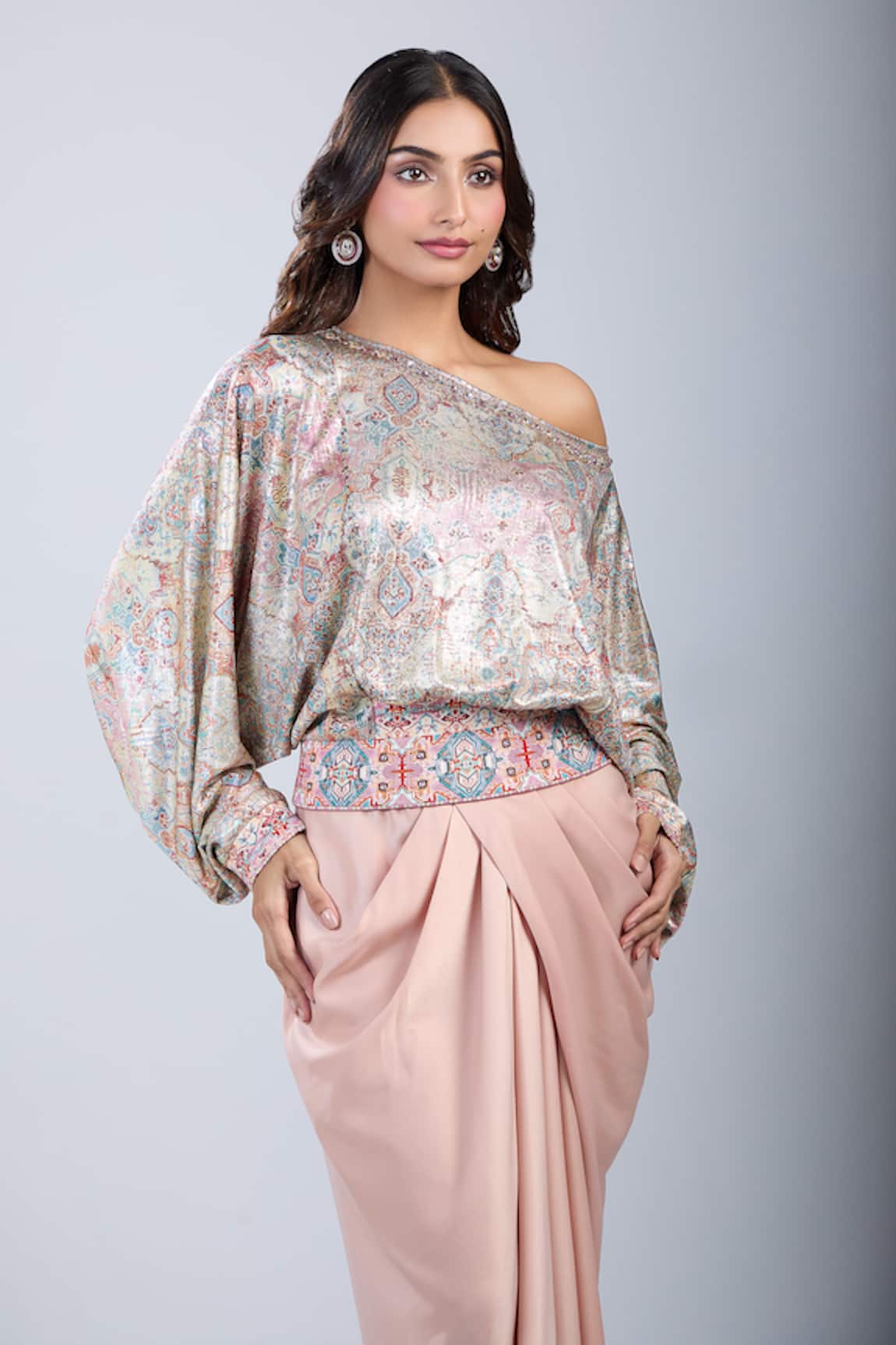 Tarun Tahiliani One Shoulder Tile Print Crop Top 