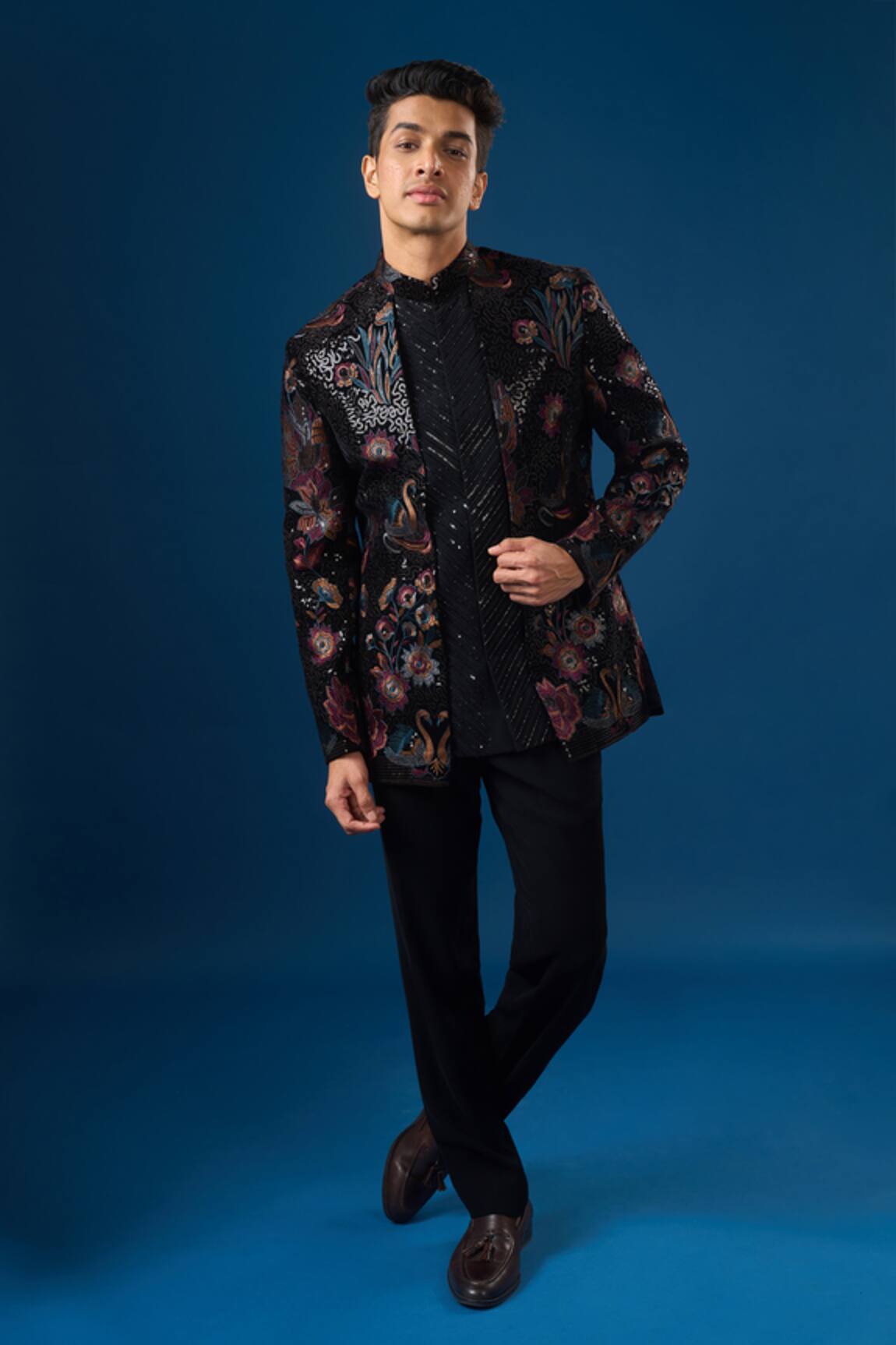 Rng Safawala Coal Velour Bandhgala Set 