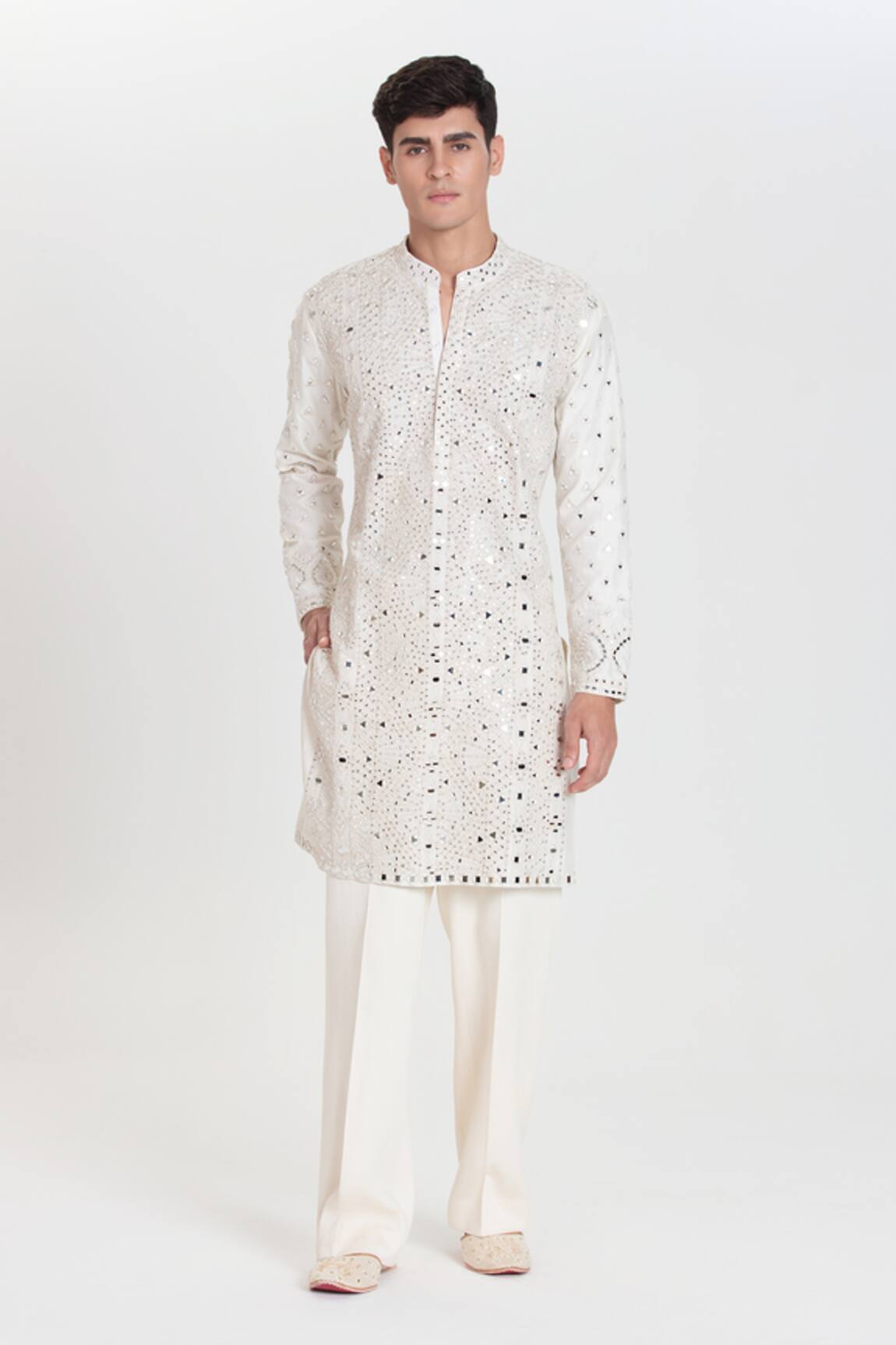 Abhinav Mishra Ivory Heavy Chanderi Kurta Pant Set 