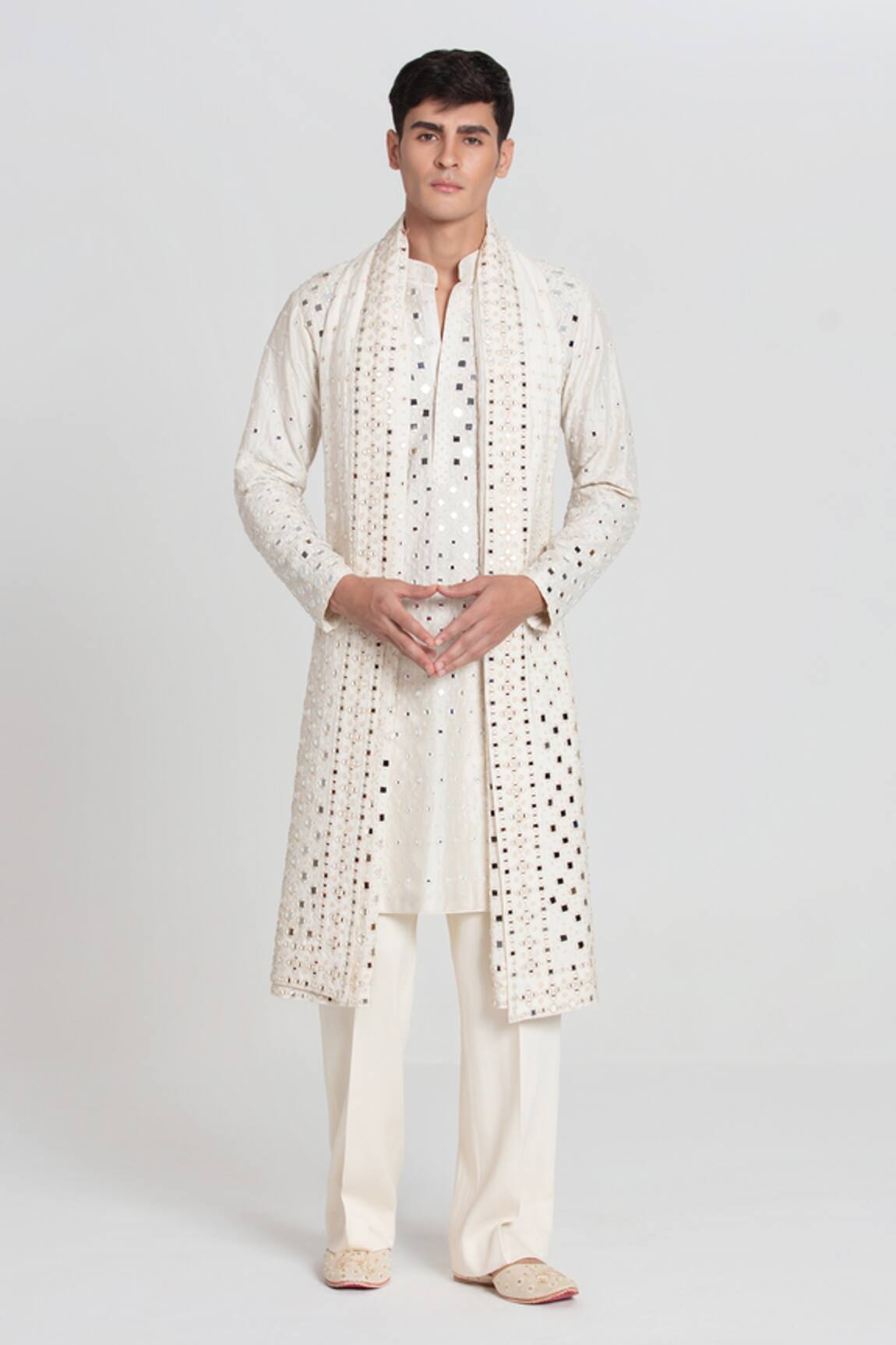 Abhinav Mishra Ivory Resham Mirror Work Kurta Set 