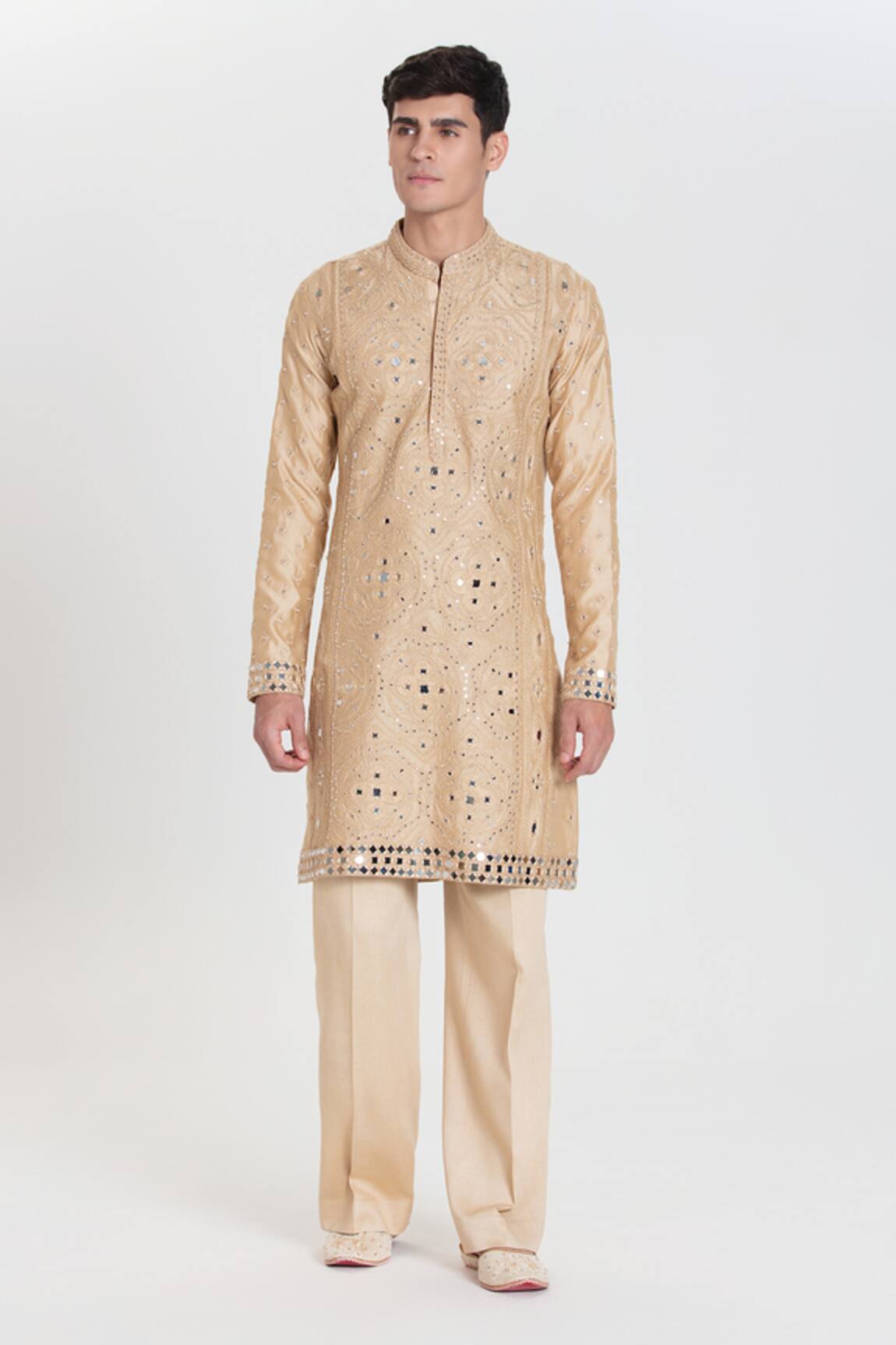 Abhinav Mishra Beige Heavy Chanderi Kurta Pant Set 