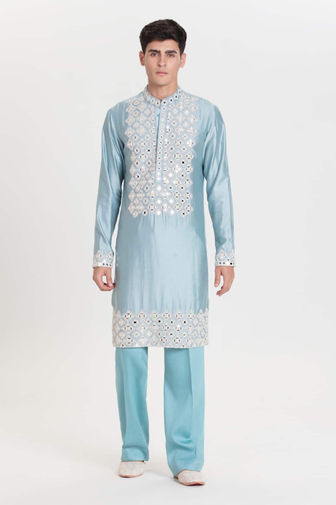 Abhinav Mishra Sky Blue Heavy Chanderi Kurta Pant Set 