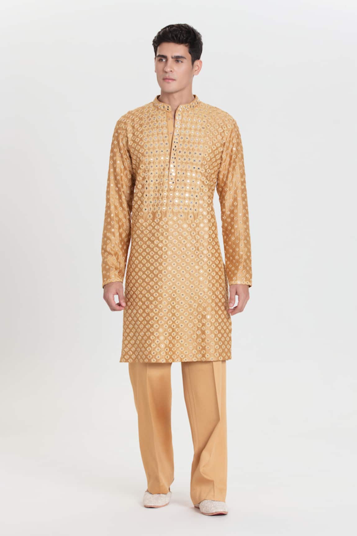 Abhinav Mishra Gold Chanderi Embroidered Kurta Set 