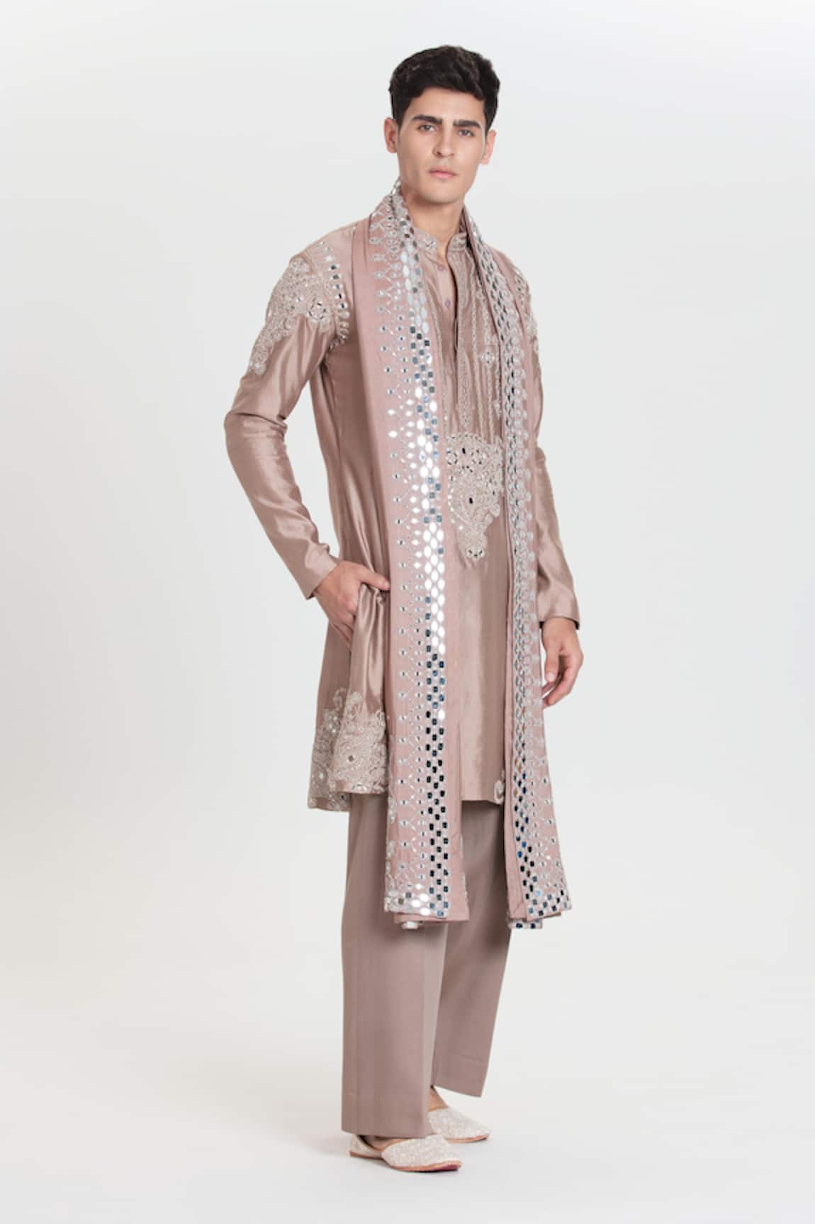Abhinav Mishra Cameo Pink Chanderi Kurta Set 