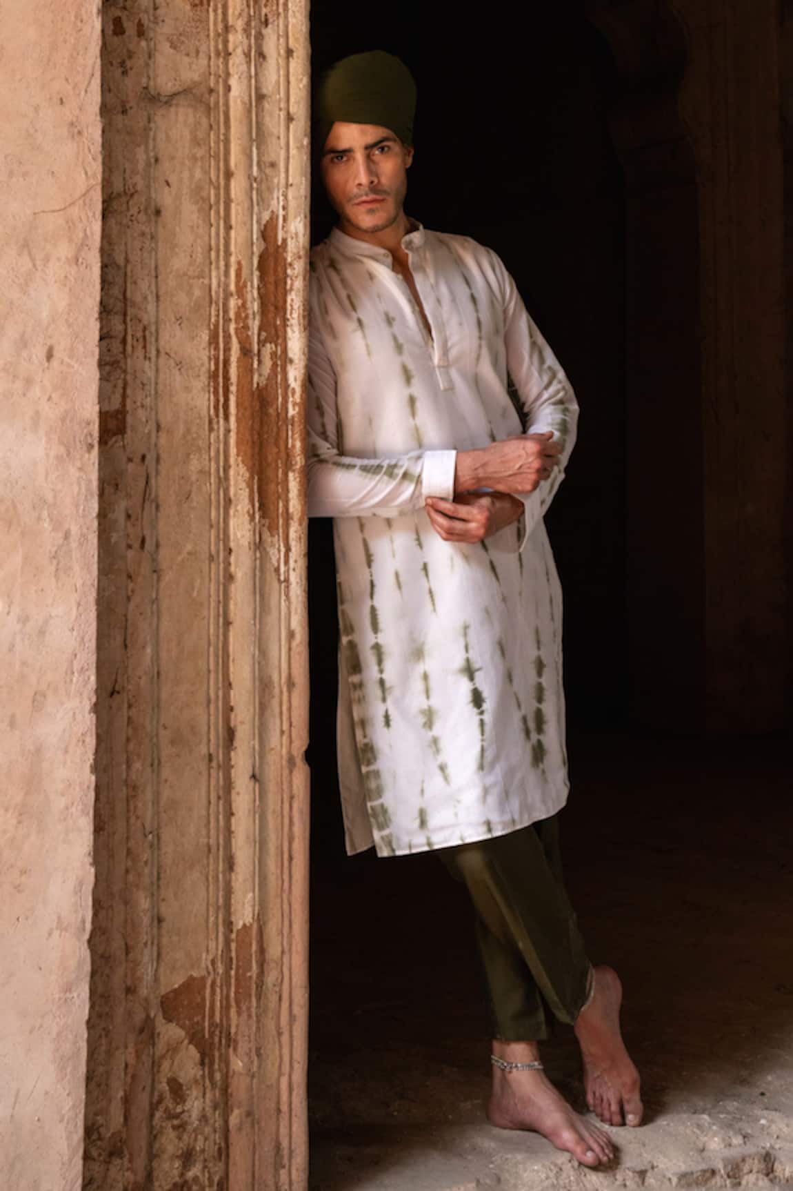 Preevin Olive Tie Dye Line Sequence Kurta Set 