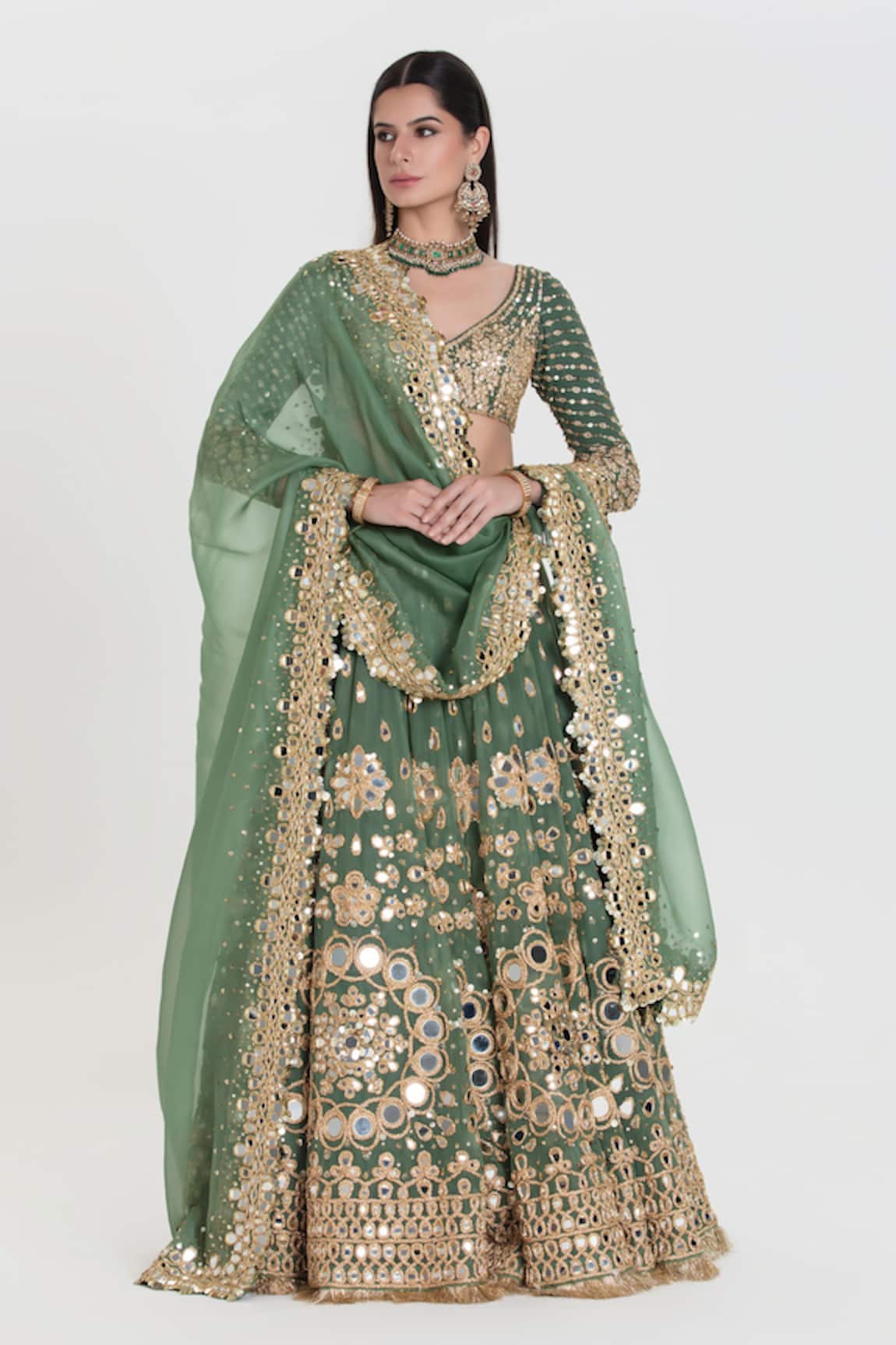 Abhinav Mishra Panna Jade Green Mirror Embroidered Lehenga Set 