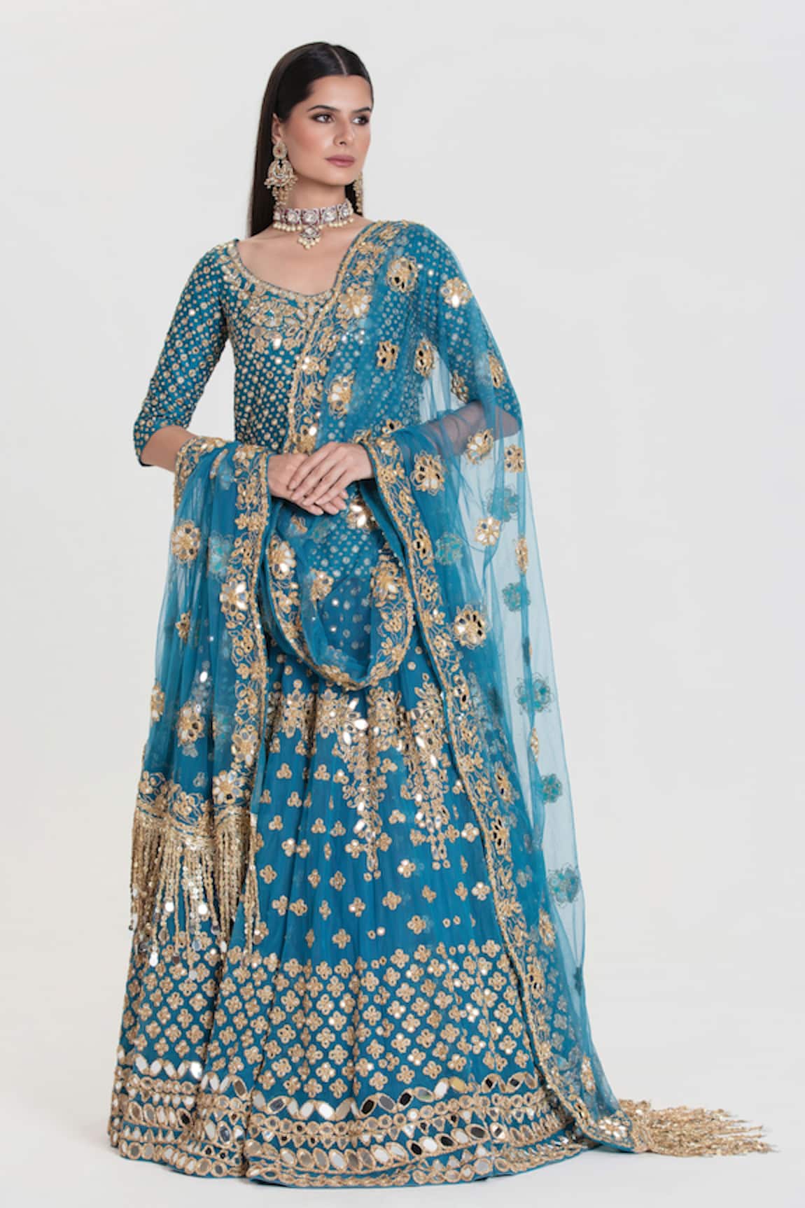 Abhinav Mishra Phiroza Royal Blue Mirror Embroidered Lehenga Set 