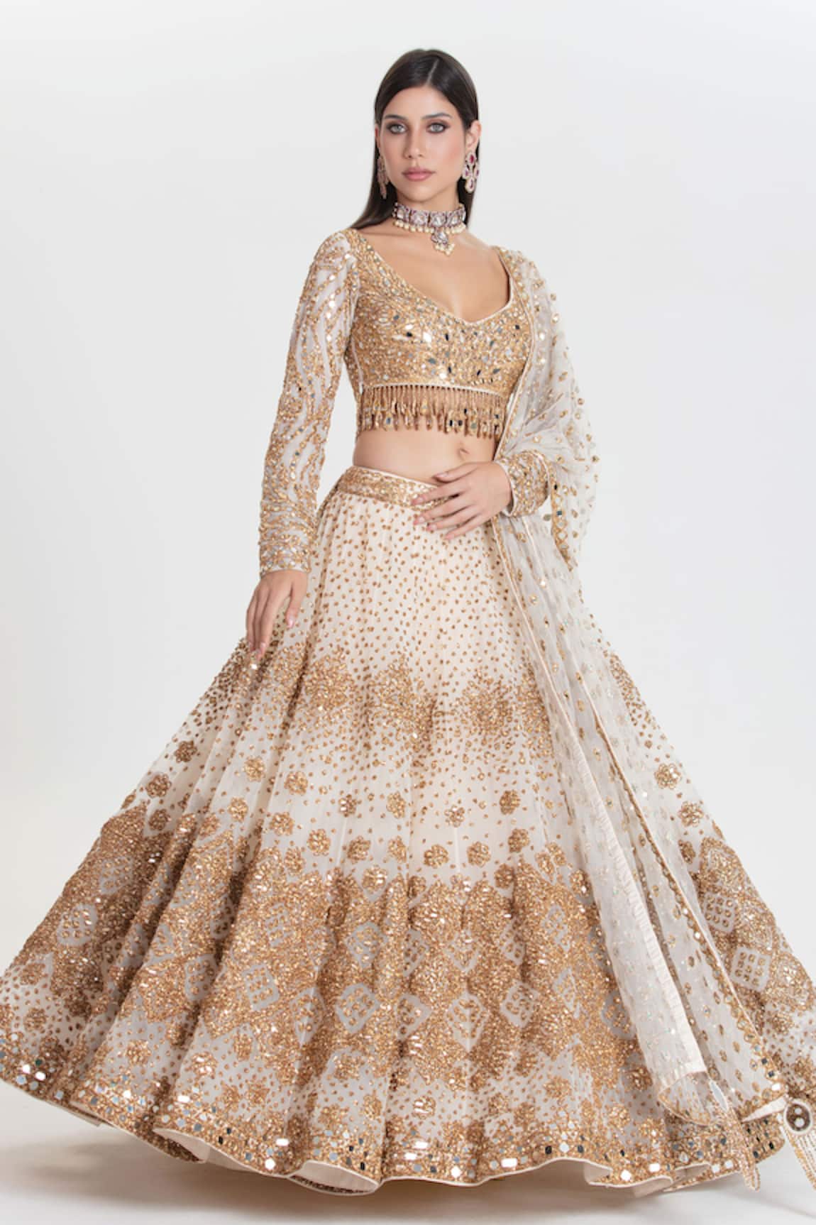 Abhinav Mishra Mogra Love Designer Ivory & Gold Lehenga Set 