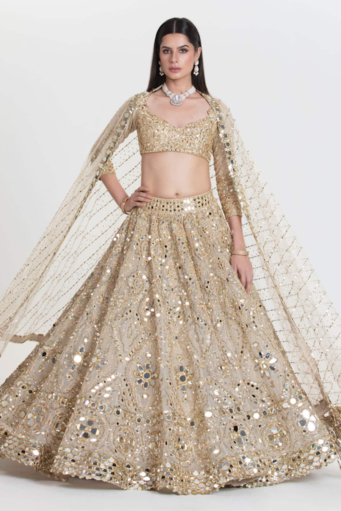 Abhinav Mishra Chandani Ivory Gold Mirror Embroidered Lehenga Set 