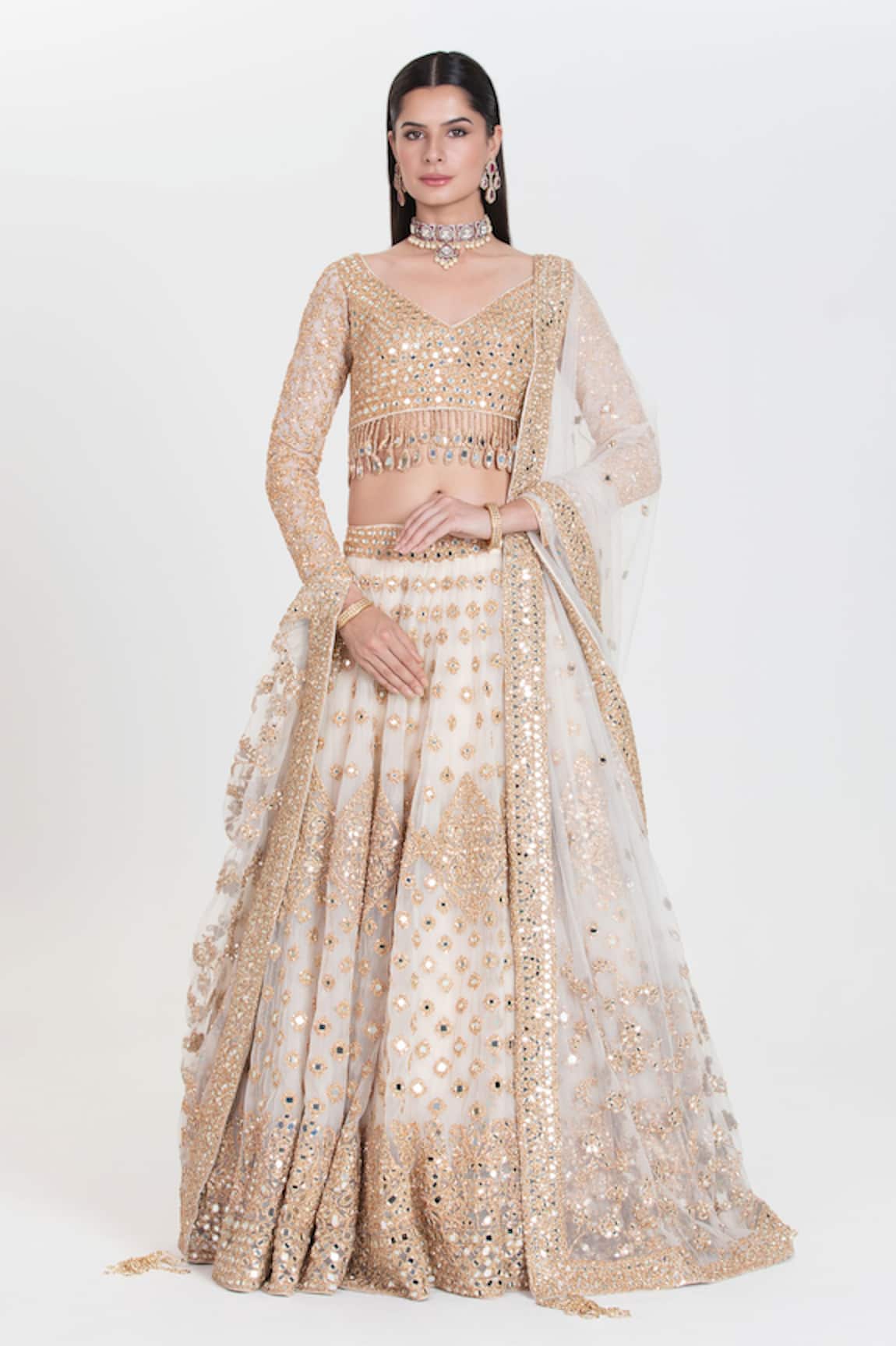 Abhinav Mishra Jasmeen Ivory Mirror Zari Embroidered Lehenga Set 