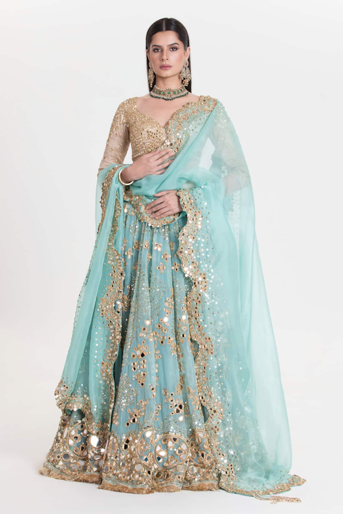 Abhinav Mishra Amber Aqua Blue Mirror Embroidered Lehenga Set 