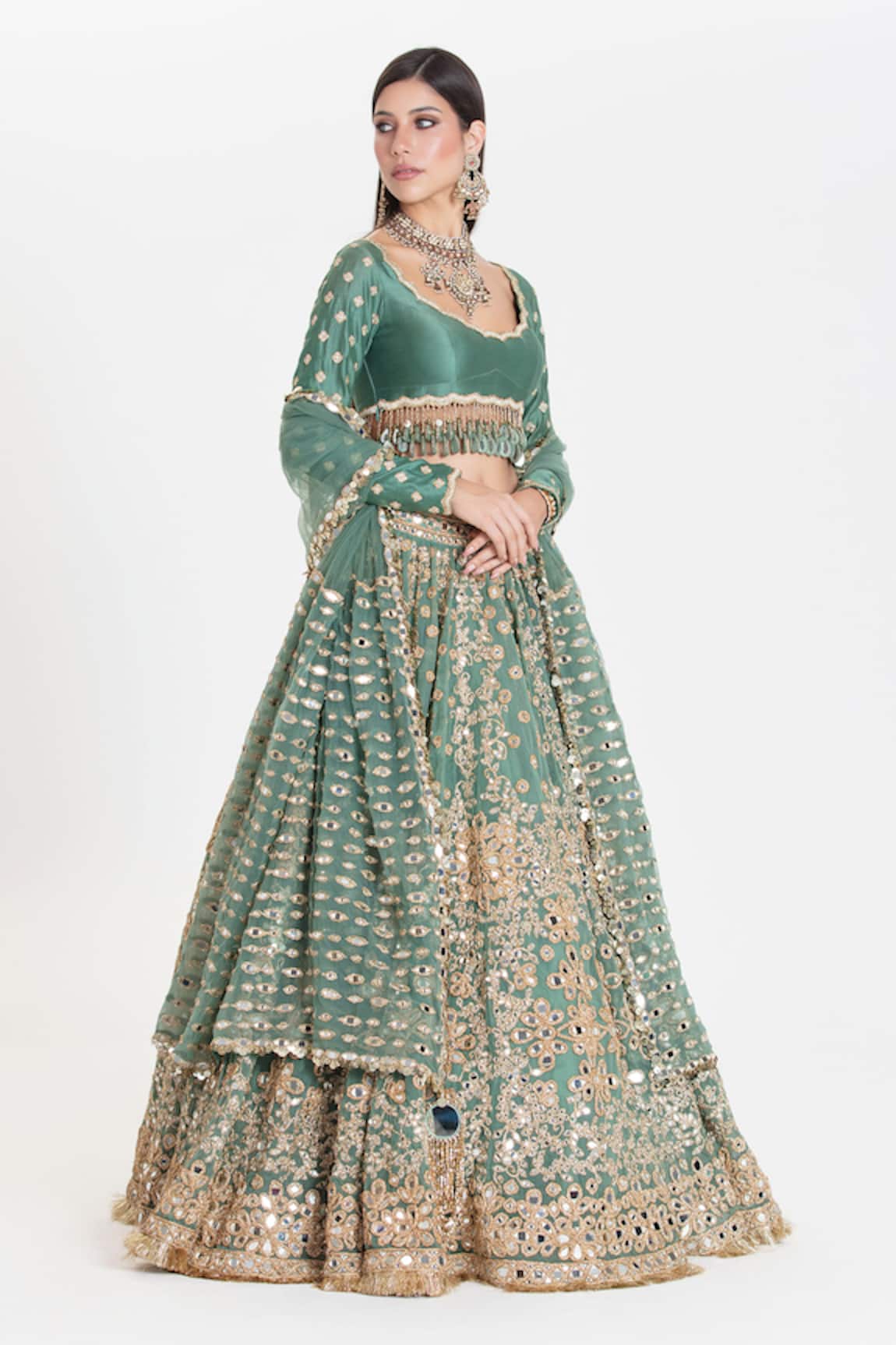 Abhinav Mishra Amrapali Sea Green Mirror Zari Embroidered Lehenga Set 