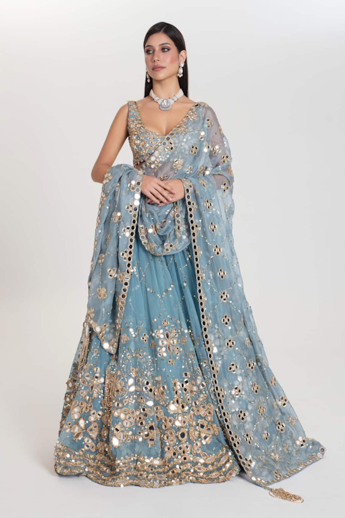 Abhinav Mishra Barsaat Sky Blue Mirror Embroidered Lehenga Set 