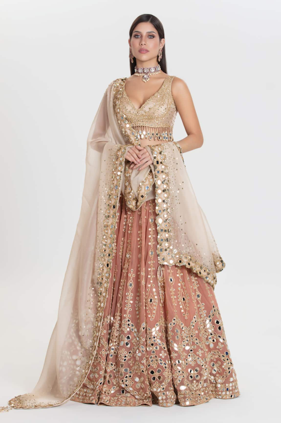 Abhinav Mishra Old Charm Blush Peach Mirror Embroidered Lehenga Set 