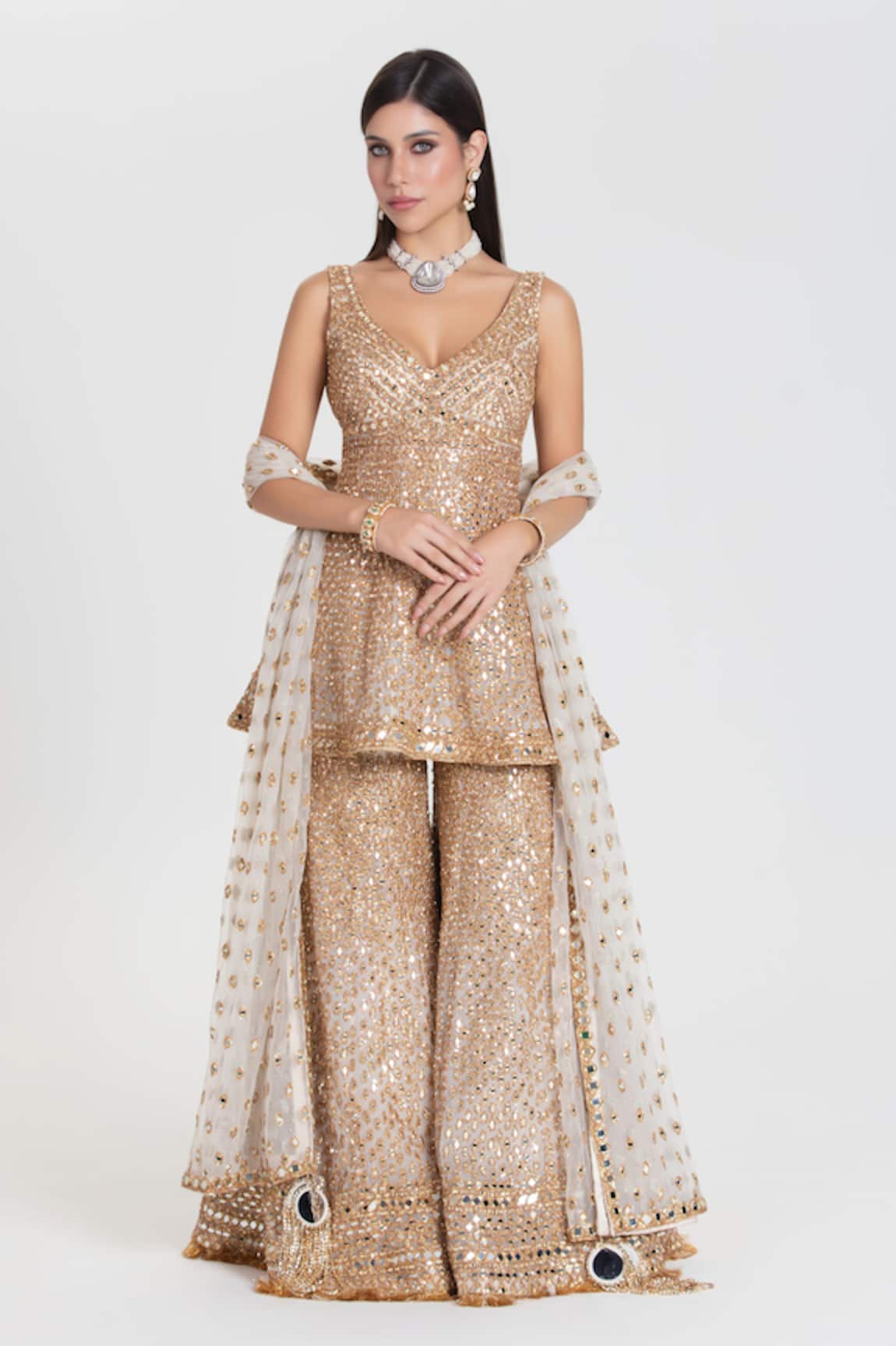 Abhinav Mishra Salma Sitara Ivory Mirror Embroidered Kurta Sharara Set 