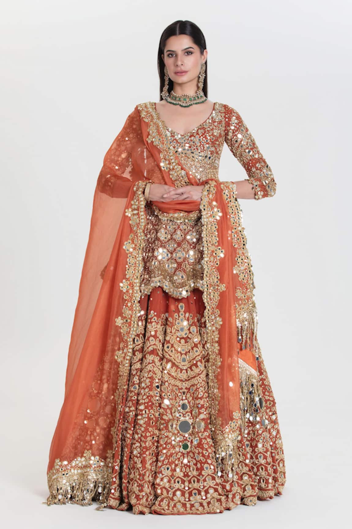 Abhinav Mishra Rust Orange Mirror Embroidered Lehenga Set 