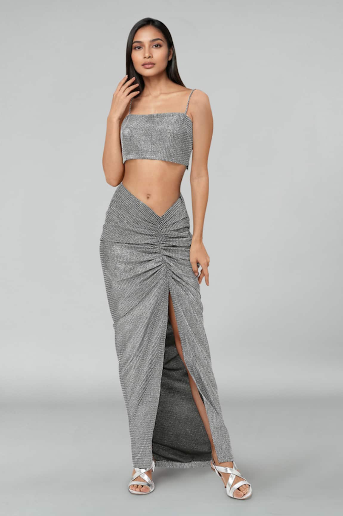 Emblaze Metallic Silver Knit Skirt Set 