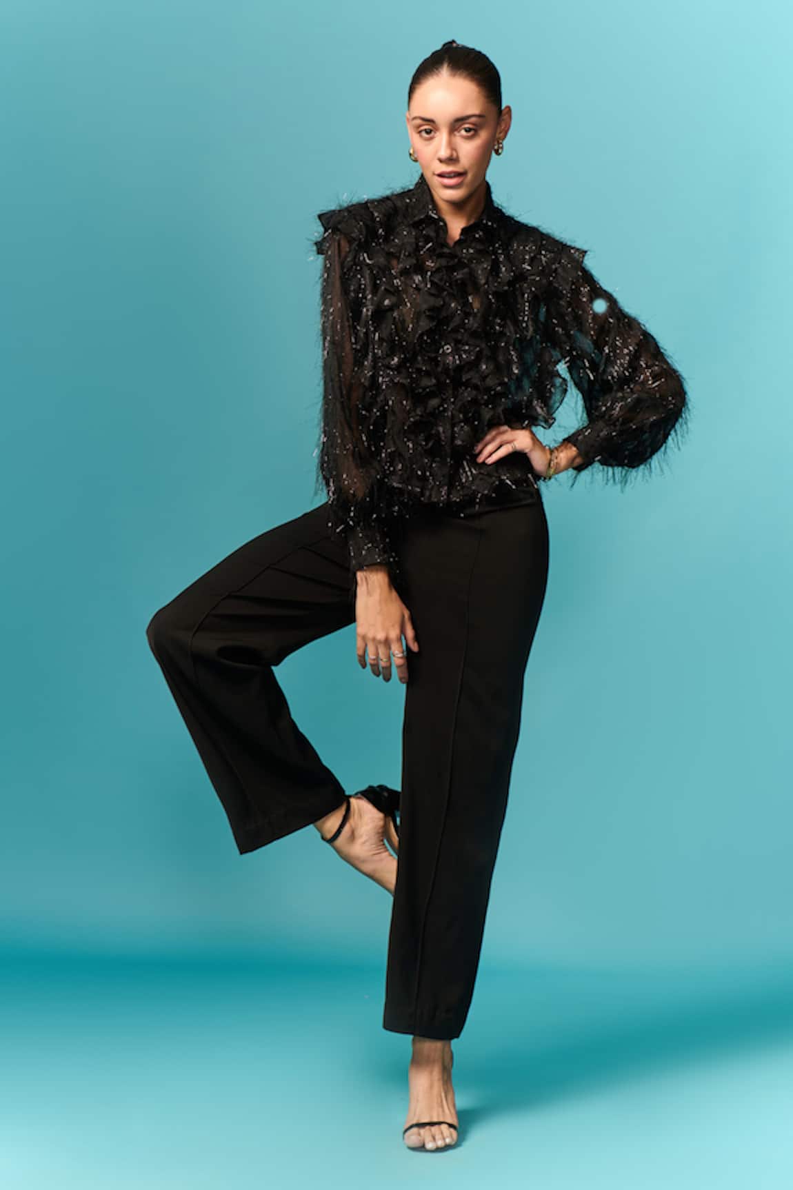 Emblaze Black Fur Ruffle Shirt 