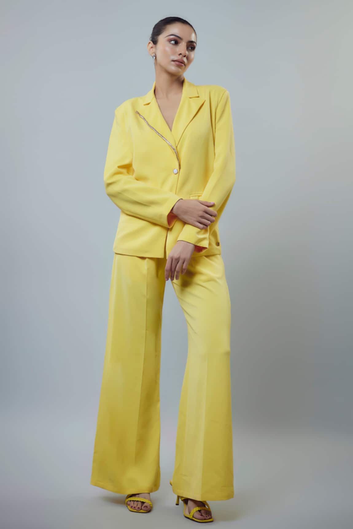 Emblaze Yellow Banana Crepe Embellished Blazer Set 