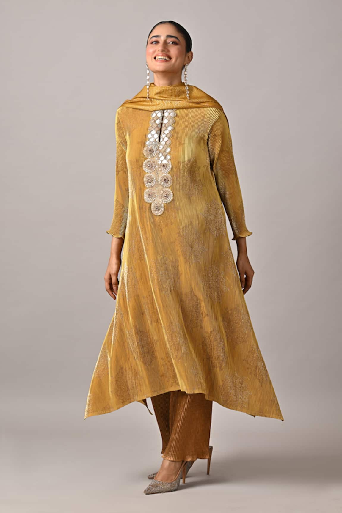 Kiran Uttam Ghosh Mustard Hand Embroidered Kurta 