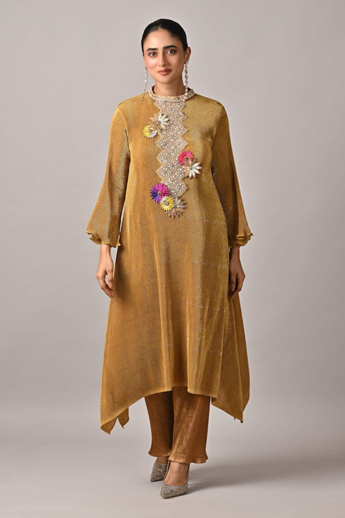 Kiran Uttam Ghosh Mustard Pleated Hand Embroidered Kurta 