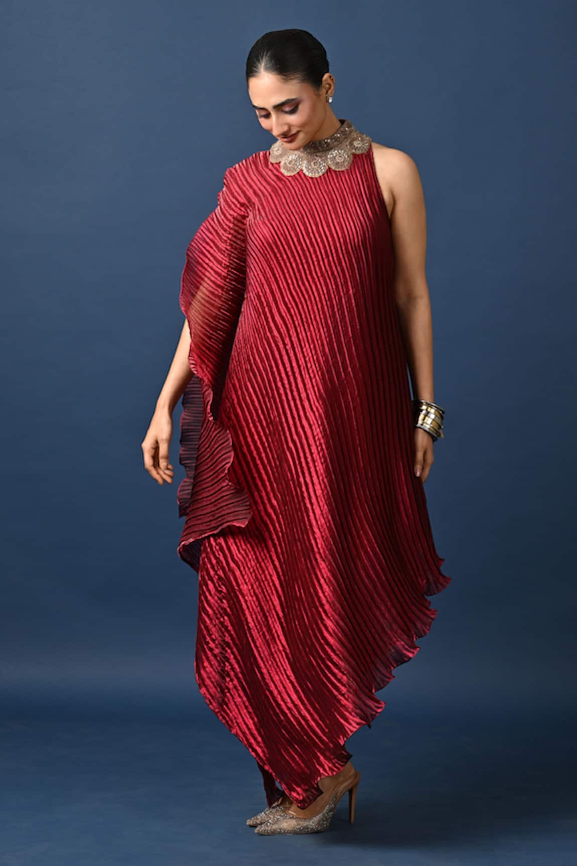 Kiran Uttam Ghosh Maroon Hand Embroidered Pleated Dress 