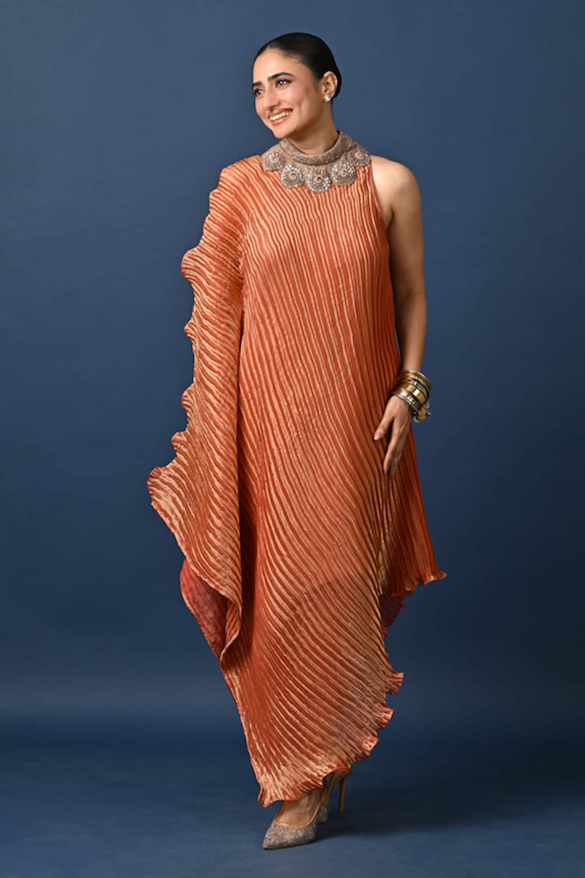 Kiran Uttam Ghosh Peach Hand Embroidered Pleated Dress 