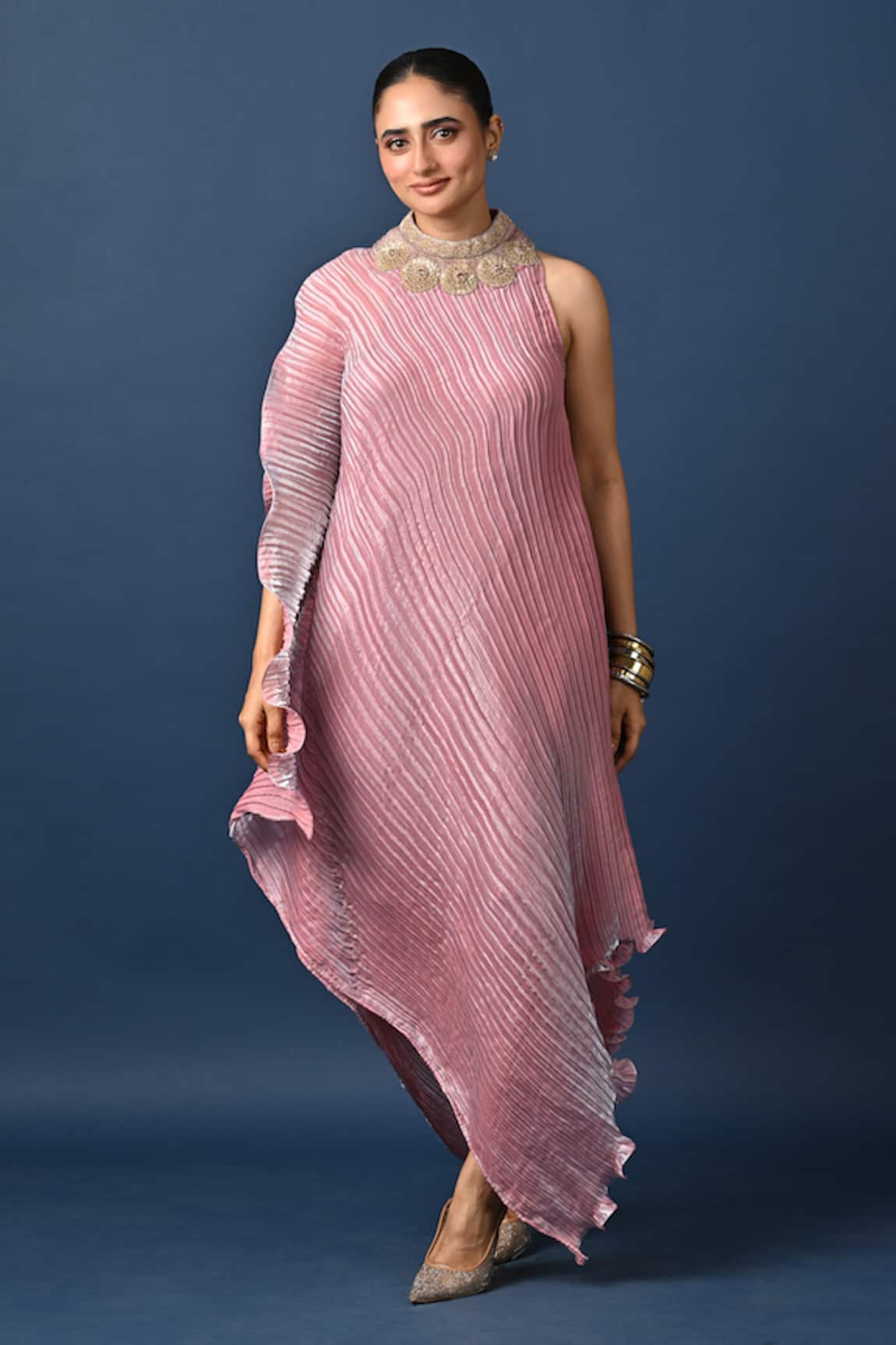 Kiran Uttam Ghosh Pink Hand Embroidered Pleated Kurta 