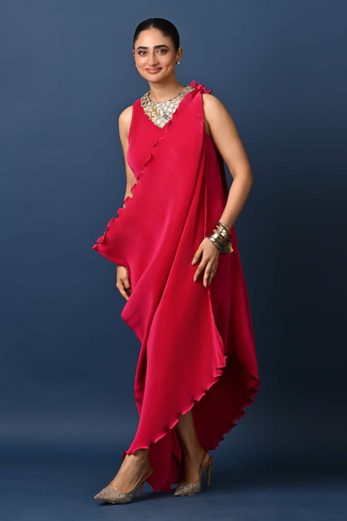 Kiran Uttam Ghosh Pink Hand Embroidered Dress & Drape 