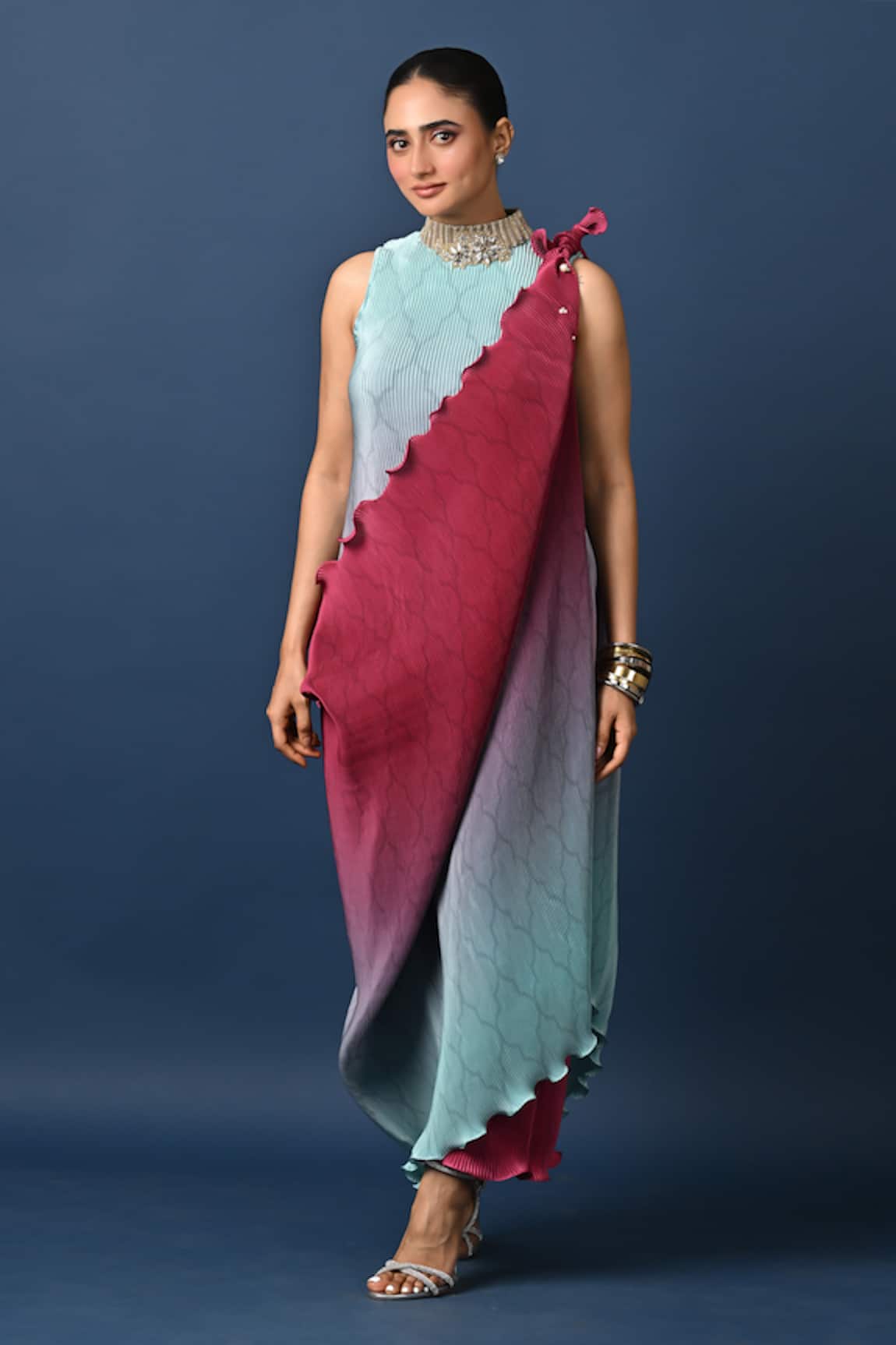 Kiran Uttam Ghosh Pleated Designer Dress & Drape Set 