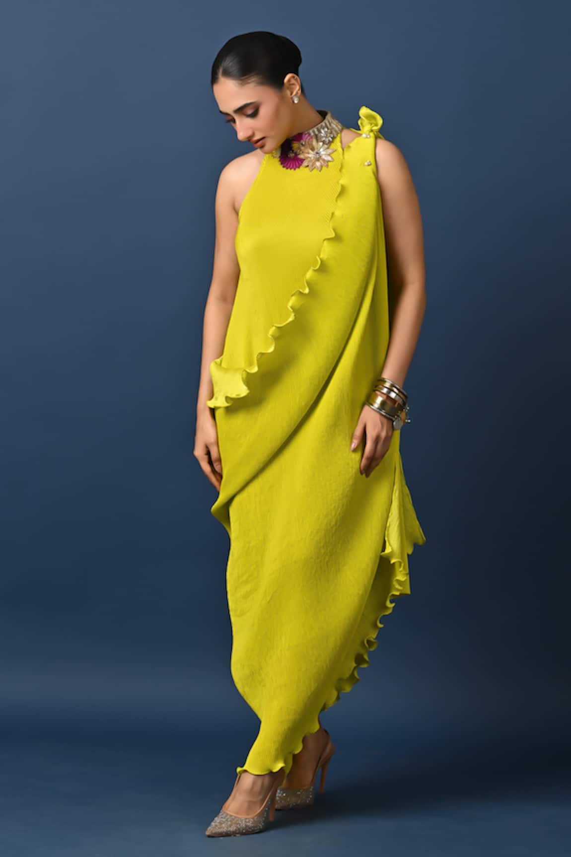 Kiran Uttam Ghosh Pleated Green Designer Dress & Drape Set 