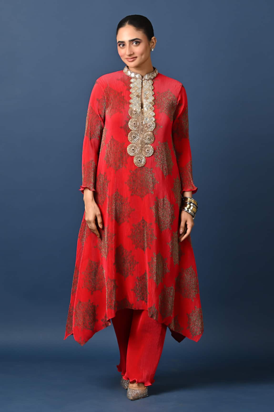 Kiran Uttam Ghosh Red Pleated Pant 