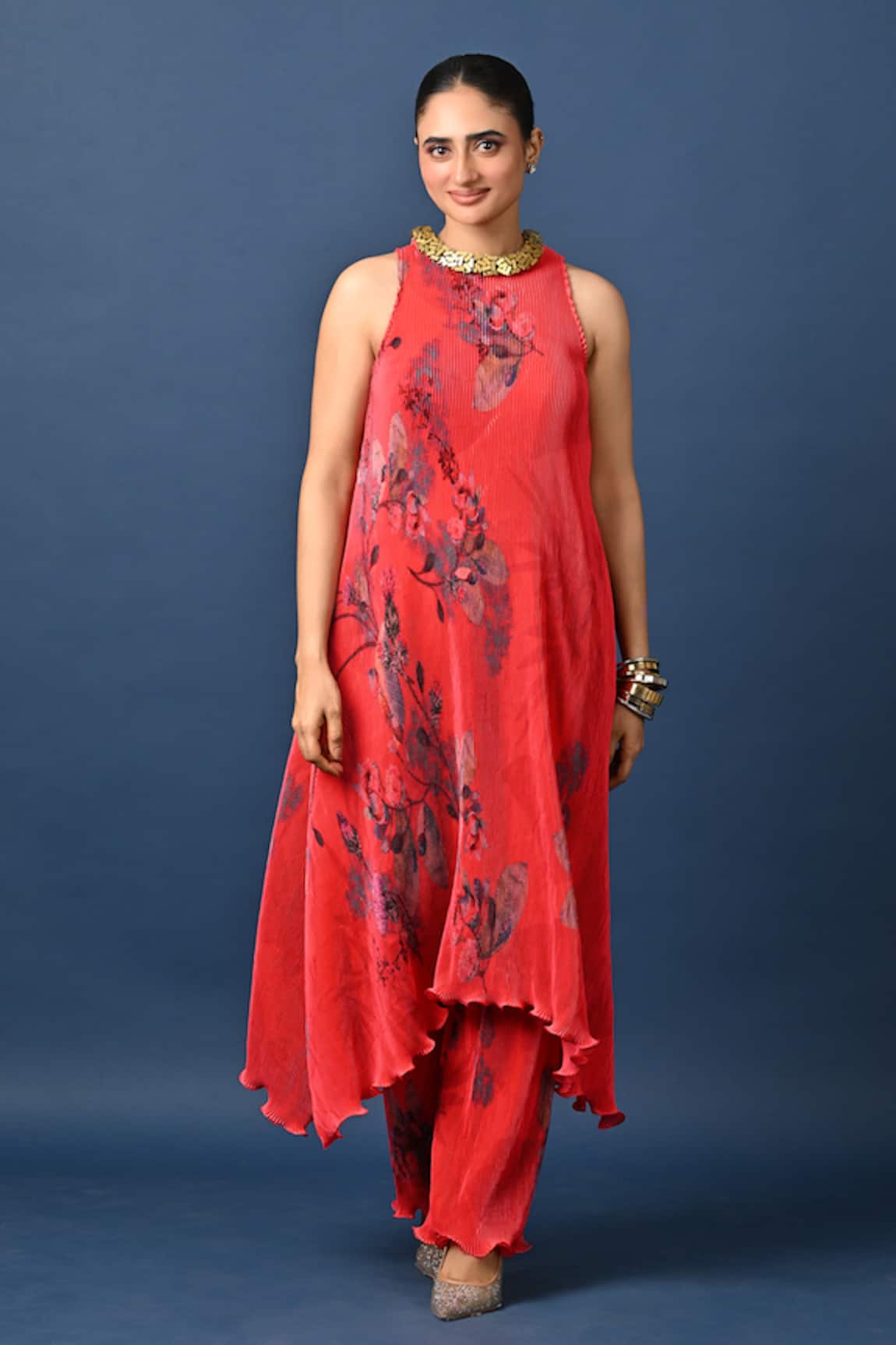 Kiran Uttam Ghosh Red Hand Embroidered Pleated Dress 