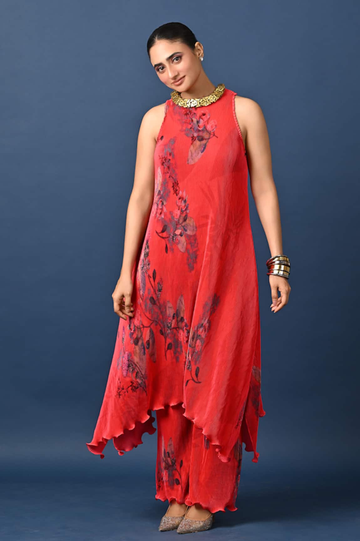 Kiran Uttam Ghosh Red Pleated Polyester Pant 
