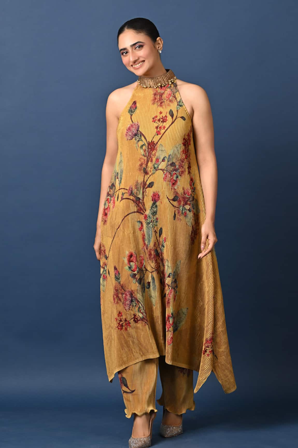 Kiran Uttam Ghosh Mustard Hand Embroidered Dress 