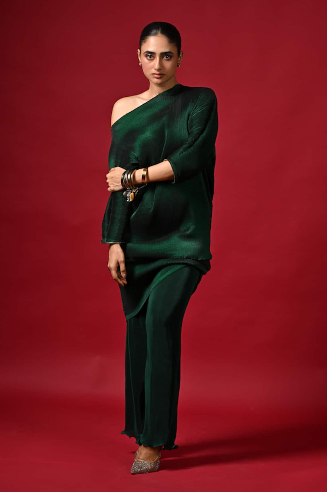 Kiran Uttam Ghosh Pleated Green Designer Dress 