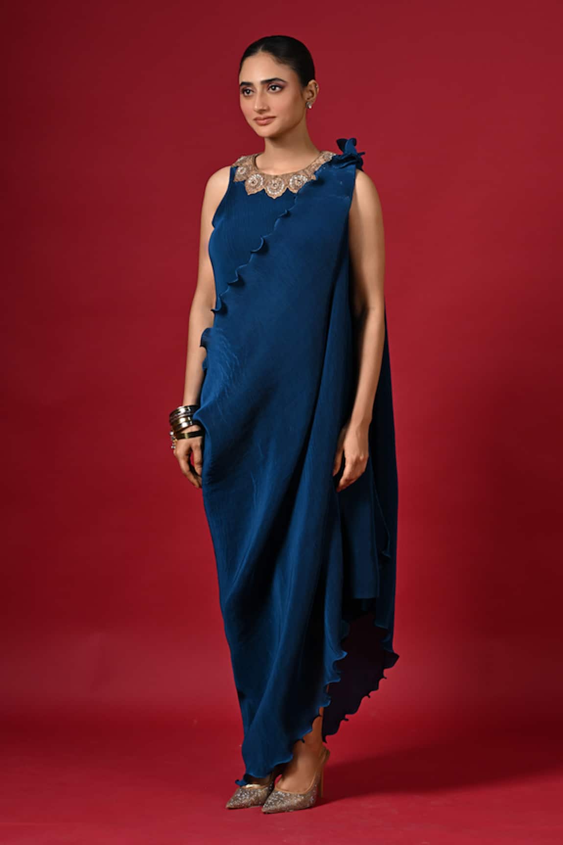 Kiran Uttam Ghosh Blue Pleated Designer Dress & Drape Set 