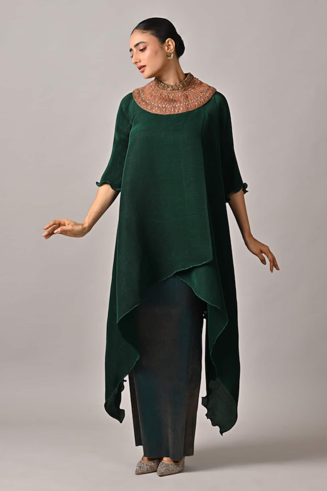 Kiran Uttam Ghosh Green Pleated Designer Wrap Dress 