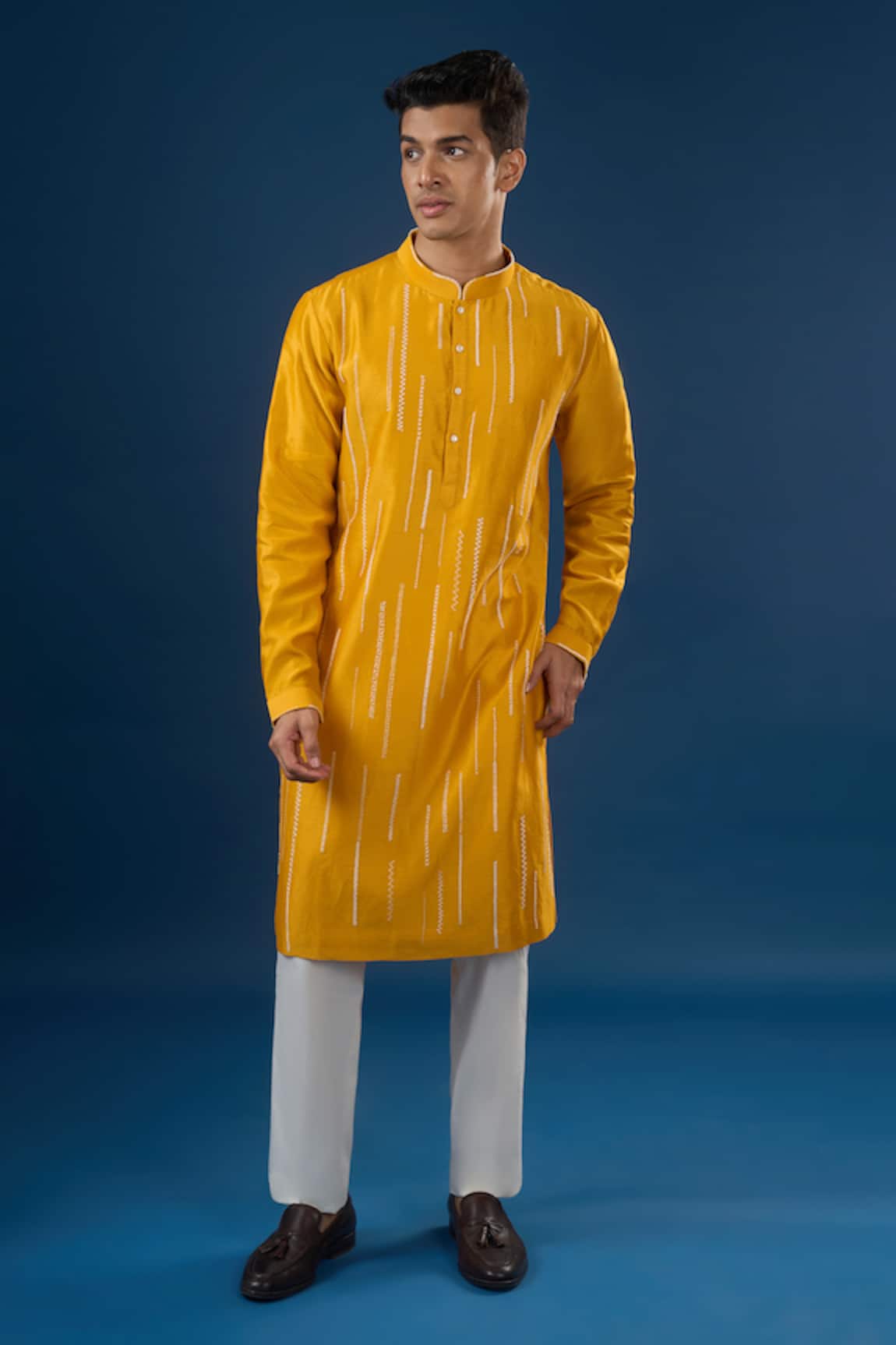 Countrymade Mustard Yellow Line Pattern Kurta Set 