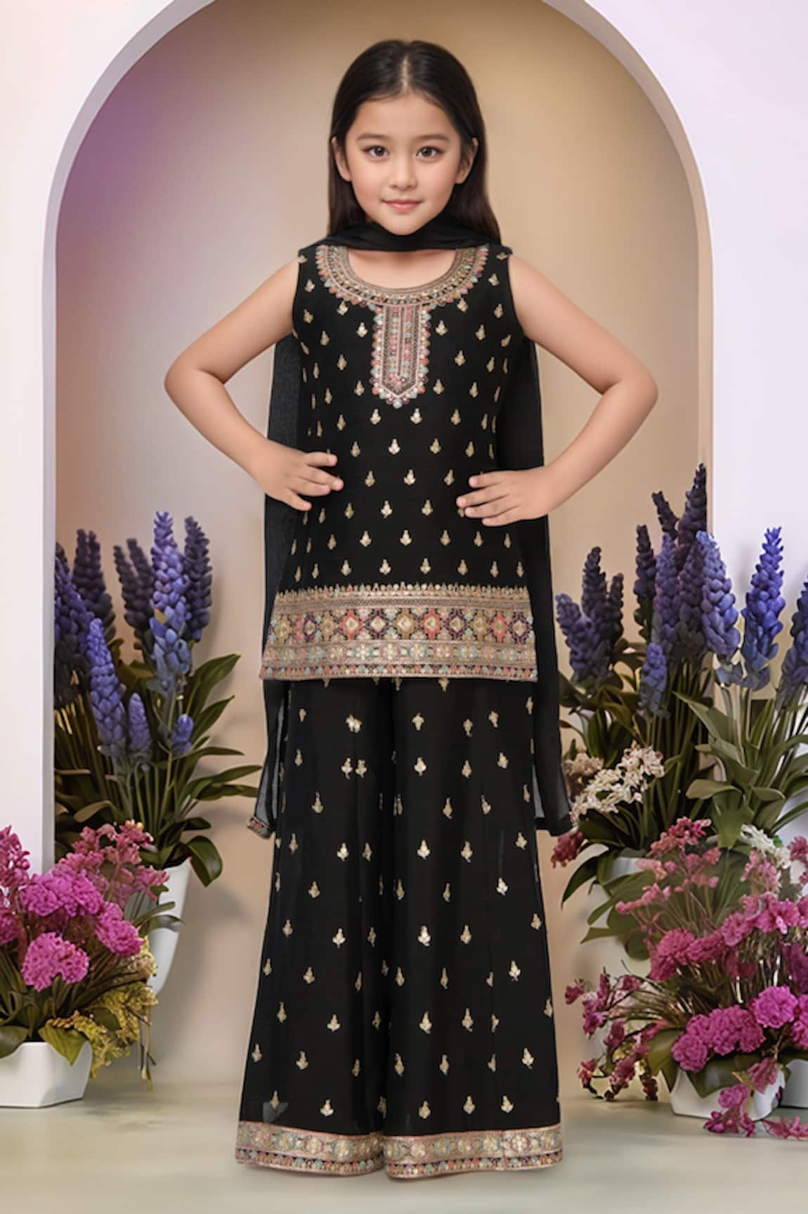 Petite Pomme Black Sequin Embroidered Kurta Set 