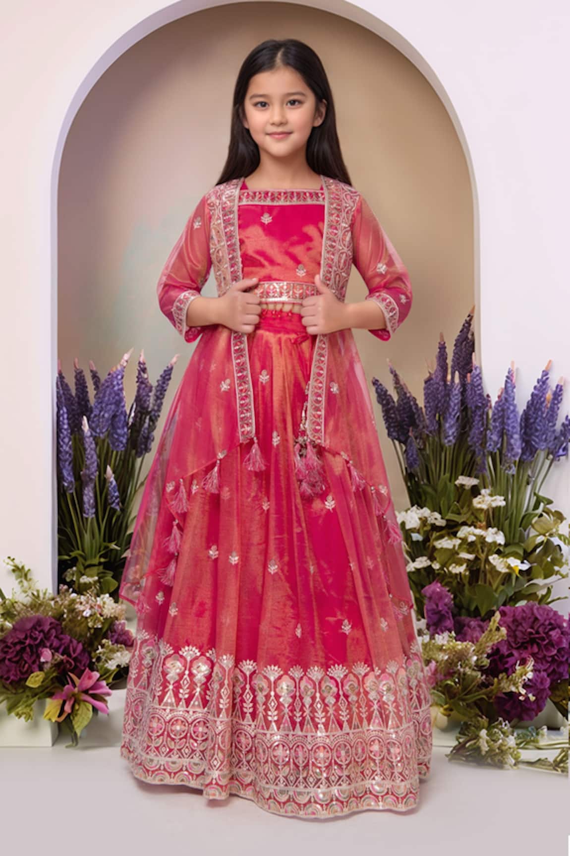 Petite Pomme Tomato Red Sequin Embroidered Lehenga Set 