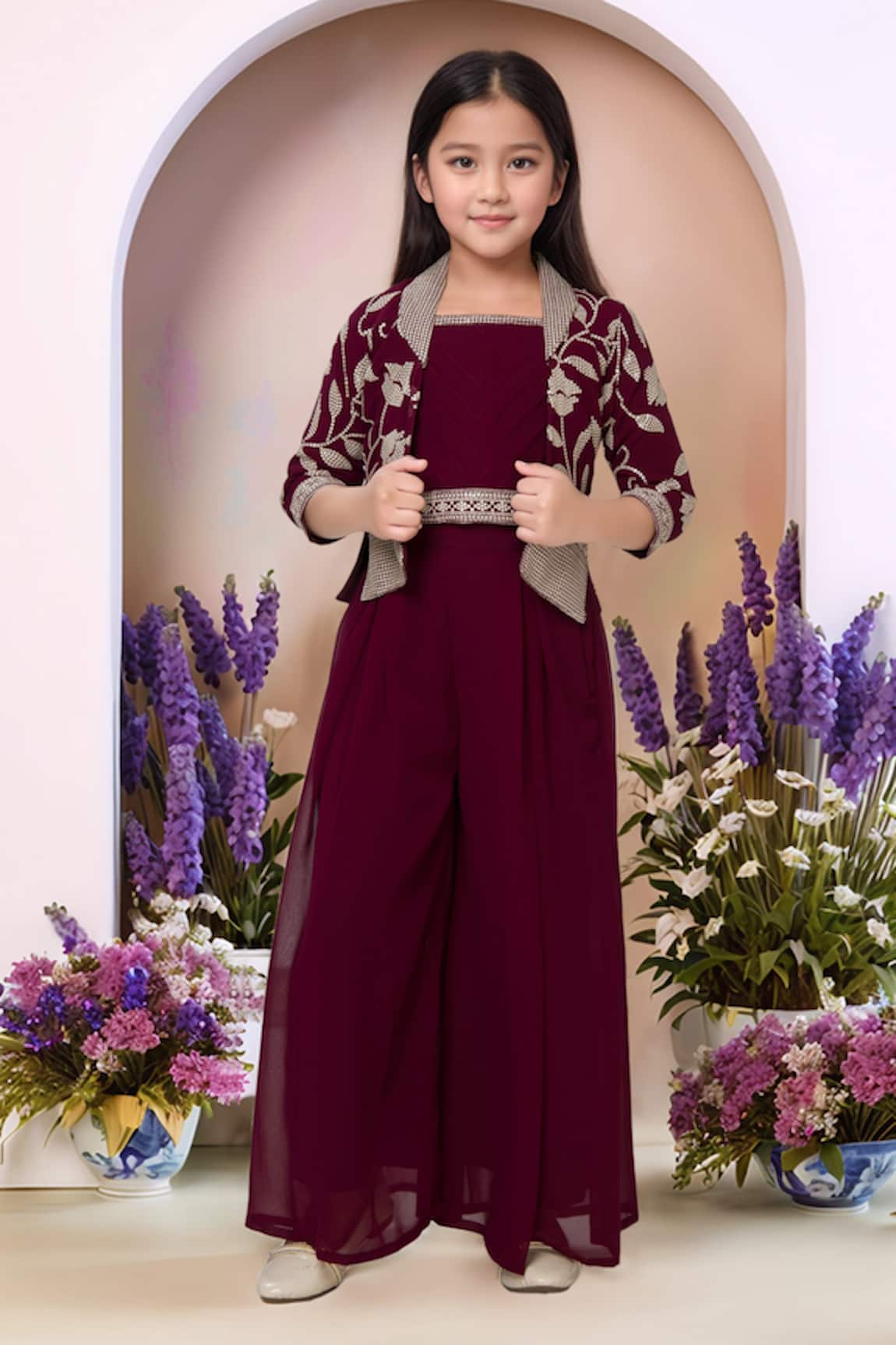 Petite Pomme Wine Embroidered Georgette Set 