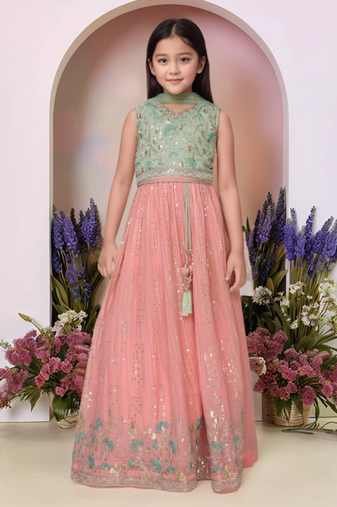 Petite Pomme Pista Green Sequin Embroidered Lehenga Set 