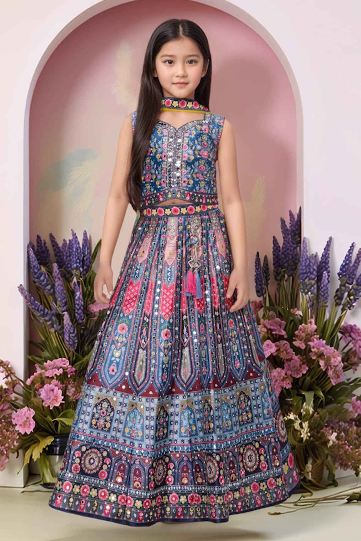 Petite Pomme Blue Printed Lehenga Set with Dupatta 