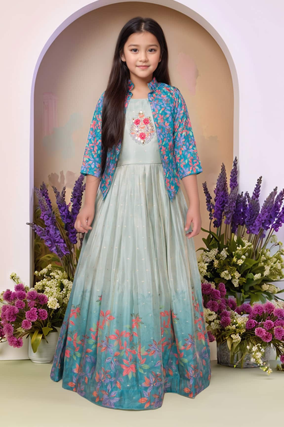 Samyukta Singhania Green Printed Satin Gown & Jacket Set 